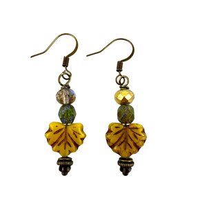 Golden Yellow Maple Leaf Earrings Czech Glass Copper